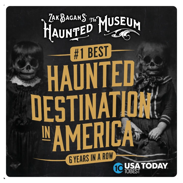 Poster for Zak Bagans' The Haunted Museum, titled '#1 Best Haunted Destination in America' with skeletal figures.