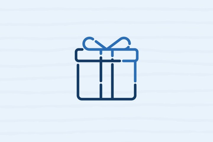 Blue outline of a gift box with ribbon on a light striped background.